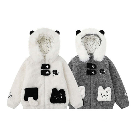 Shearling Collar Cotton Winter Coat featuring cute cartoon patterns and soft shearling hoods in black and white colors.