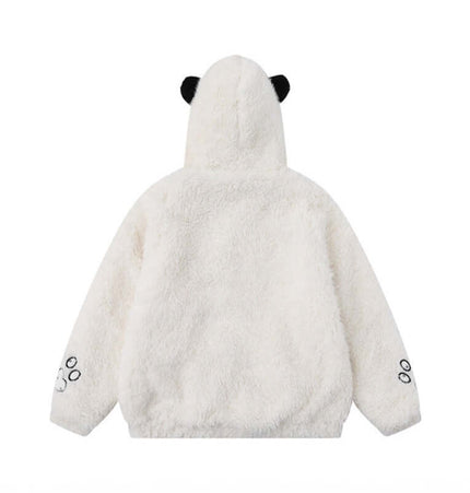 Back view of a cozy shearling hoodie with panda ears and cartoon paws, perfect for winter wear.
