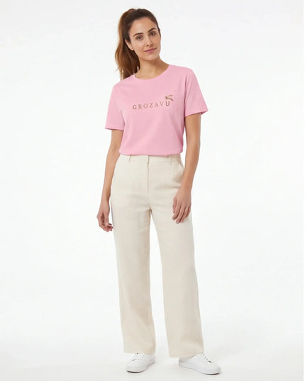 Front view of the Maison Grozavu Refined Sable Tee in tee — showing the structural collar.