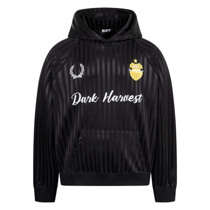 Retro Dark Stripe Patchwork Hoodie featuring bold black and gold design with striped pattern and logo on the chest.
