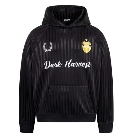 Retro Dark Stripe Patchwork Hoodie featuring bold black and gold design with striped pattern and logo on the chest.