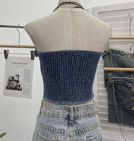 Denim Buckle Strapless Slim Fit Tank Top back view on a mannequin showcasing the textured denim fabric and strapless design.