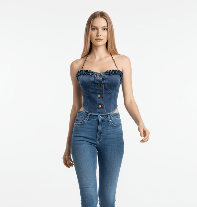 Denim Buckle Strapless Slim Fit Tank Top worn by a model, showcasing its structured design and stylish buckle details.