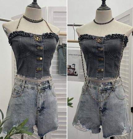 Denim Buckle Strapless Slim Fit Tank Top displayed on a mannequin, featuring stylish buckle detailing and removable straps.