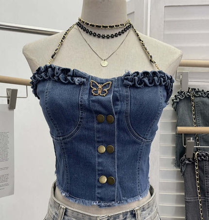 Denim Buckle Strapless Slim Fit Tank Top featuring structured denim, buckle detailing, and a stylish strapless design.