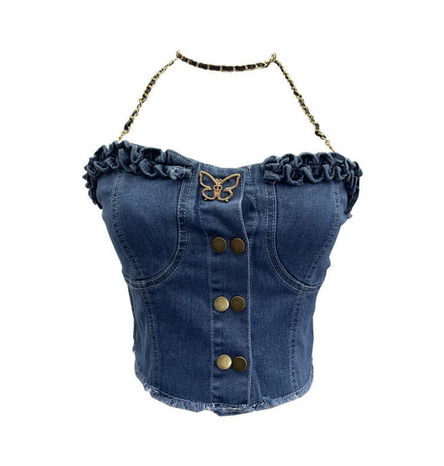 Denim Buckle Strapless Slim Fit Tank Top featuring structured denim and stylish buckle detailing.