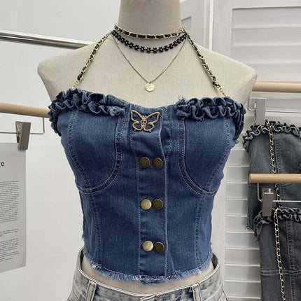 Denim Buckle Strapless Slim Fit Tank Top with ruffled edges and butterfly detail on a mannequin.
