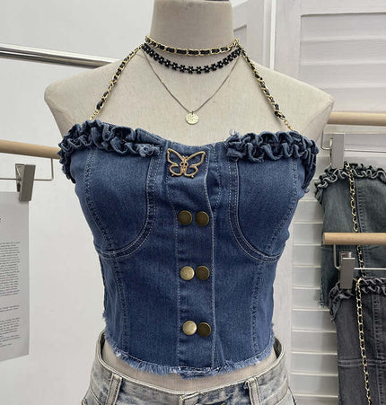 Denim Buckle Strapless Slim Fit Tank Top with ruffled edges and butterfly detail on a mannequin.