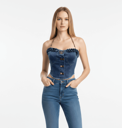 Denim Buckle Strapless Slim Fit Tank Top worn by a model, showcasing stylish buckle detailing and structured denim fabric.