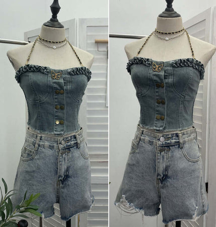 Denim Buckle Strapless Slim Fit Tank Top displayed on a mannequin, featuring ruffled edges and stylish button details.