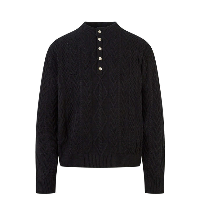 Diamond Pattern Jacquard Knit Sweater featuring a classic half-open collar and stylish button detailing.