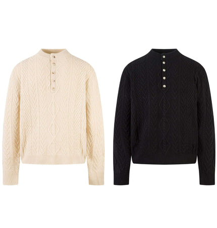Diamond Pattern Jacquard Knit Sweater in cream and black showcasing stylish half-open collar design.