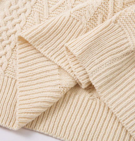 Diamond Pattern Jacquard Knit Sweater detail with textured cream knit fabric and ribbed cuffs.