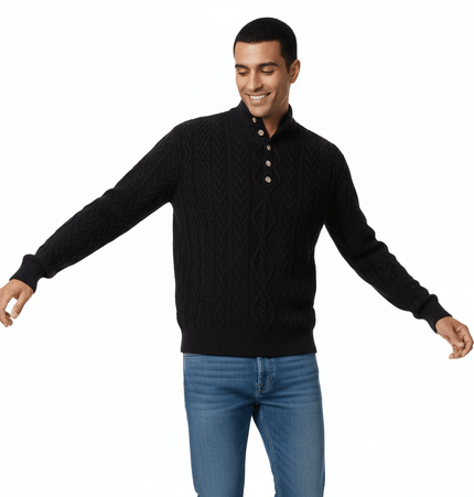 Diamond Pattern Jacquard Knit Sweater worn by a man, featuring classic design and half-open collar, ideal for casual winter style.