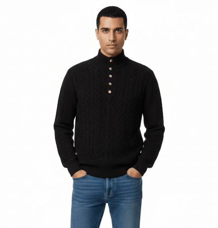 Diamond Pattern Jacquard Knit Sweater worn by a man in a black half-open collar style, showcasing winter fashion.