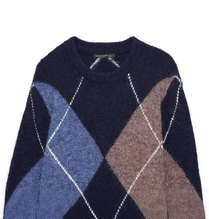 Diamond Pattern Knit Sweater featuring a classic diamond design in navy and brown hues.