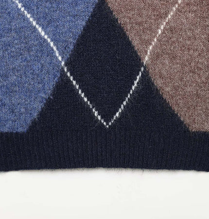 Diamond Pattern Knit Sweater in blue, brown, and black featuring classic diamond design and textured knitwear.