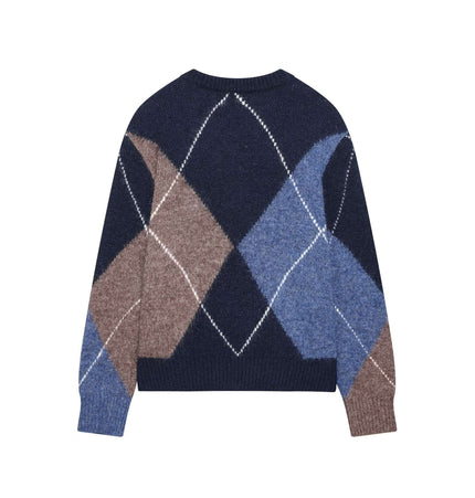 Diamond Pattern Knit Sweater featuring a stylish blue and brown diamond design and regular fit silhouette.
