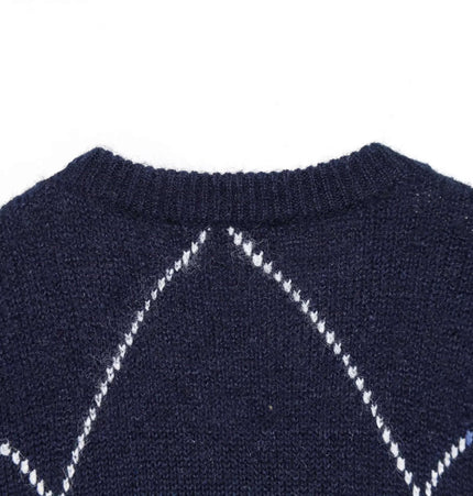 Back view of Diamond Pattern Knit Sweater showcasing diamond pattern and round neck design.