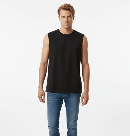 Distressed Sport Tank Top – Loose Fit worn by a model showcasing a casual streetwear look.