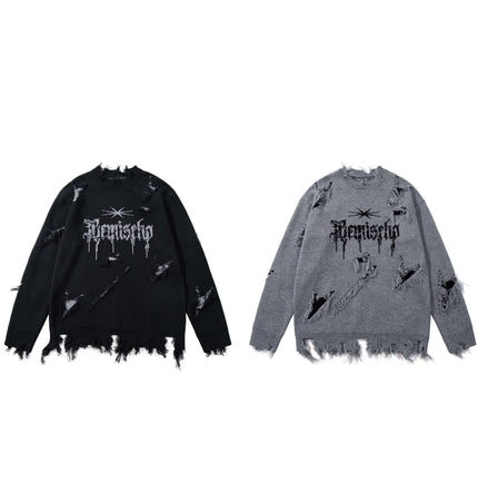 Tassel Distressed Knit Sweater – Loose Fit in black and grey, showcasing rustic, torn detailing.