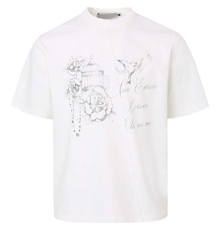 Drop Shoulder Printed TShirt – Loose Fit featuring floral and bird print on a white background.