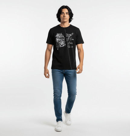 Drop Shoulder Printed TShirt – Loose Fit worn by a man, featuring a creative letter print and relaxed fit.