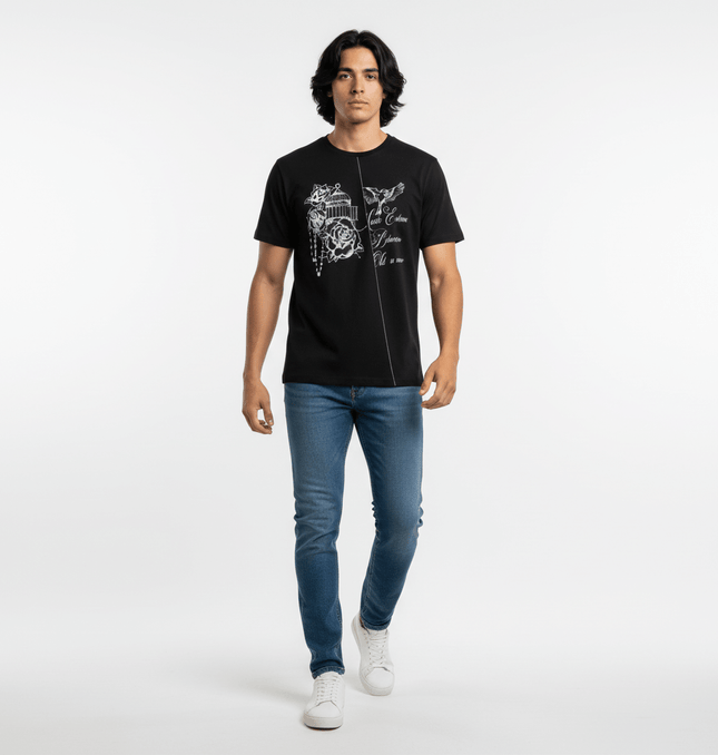 Drop Shoulder Printed TShirt – Loose Fit worn by a man, featuring a creative letter print and relaxed fit.