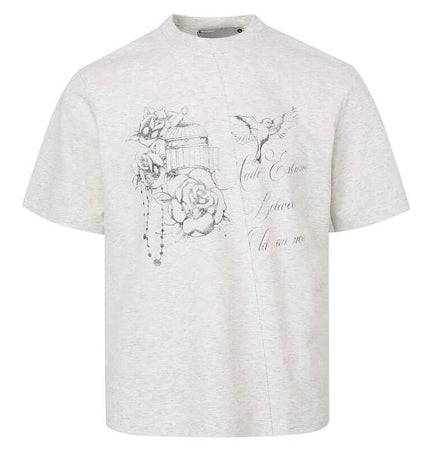 Drop Shoulder Printed TShirt – Loose Fit with creative floral print and round neckline, stylish for casual wear.