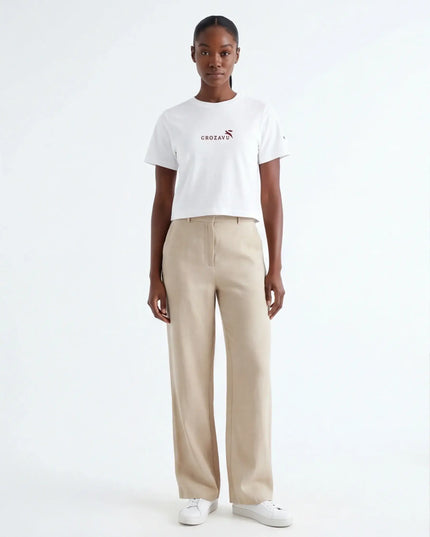 Maison Grozavu Stark Taupe Tee — rear view displaying the back panel detailing and structured hemline in White