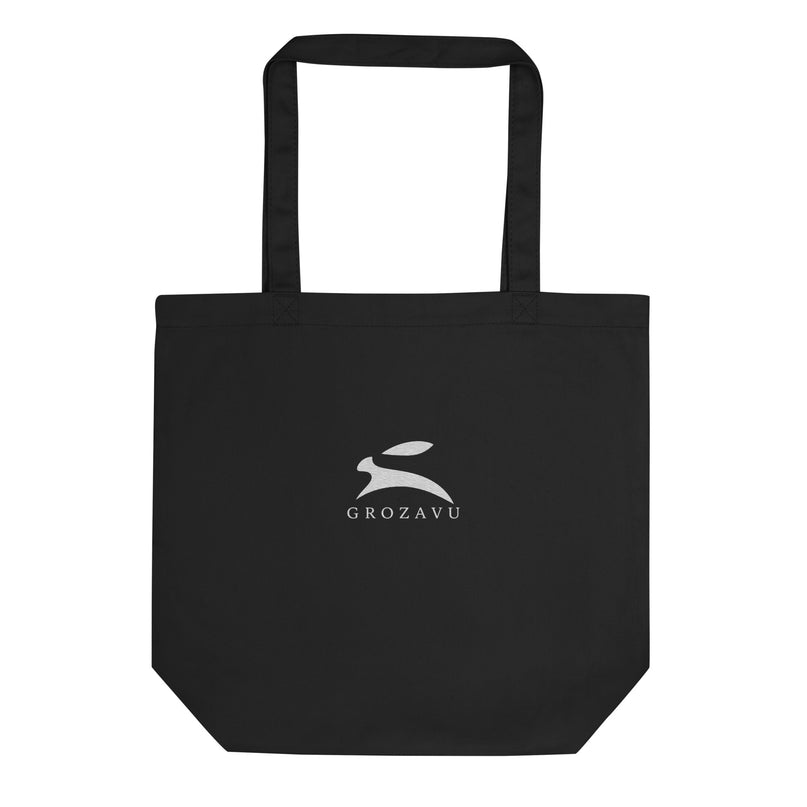 Grozavu Eco Tote Bag in black organic cotton with the white hare and wordmark, front
