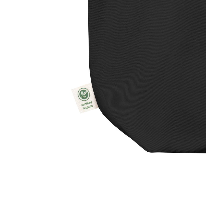 Close-up of the Grozavu Eco Tote Bag in black organic cotton twill