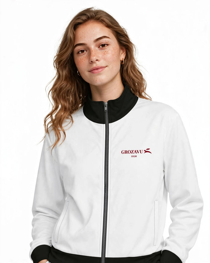 Waist-up editorial shot of the 308 g/m² recycled polyester track jacket