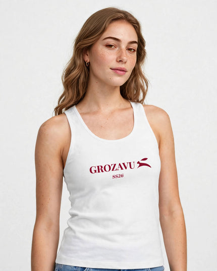 Waist-up editorial shot of the white side-seamed tank top