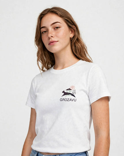 Waist-up editorial shot of the White straight-cut cotton tee