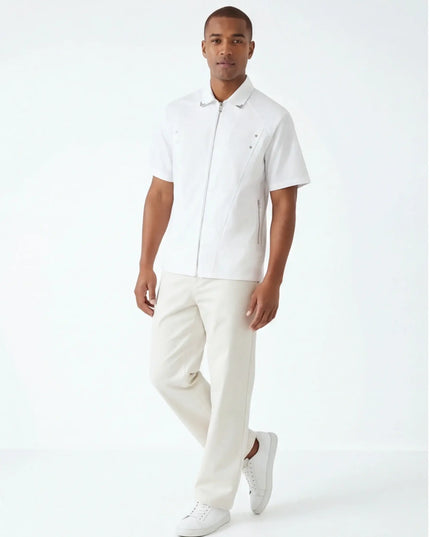 Front view of the Maison Grozavu Chalk Shorts Series in shorts — showing the relaxed fit.