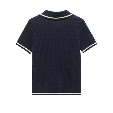 Eight-Strand Braided Knit Top – Loose Fit in navy blue showing back design with short sleeves and collar.