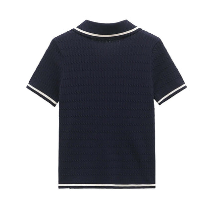 Eight-Strand Braided Knit Top – Loose Fit in navy blue showing back design with short sleeves and collar.