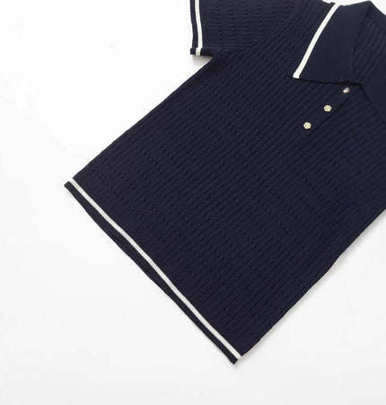 Eight-Strand Braided Knit Top – Loose Fit in navy blue with collar and buttons, perfect for casual street fashion.