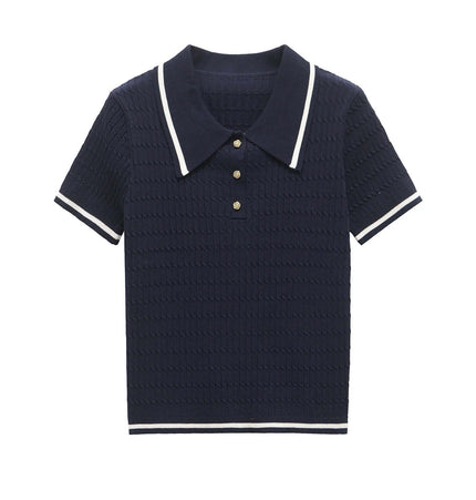 Eight-Strand Braided Knit Top – Loose Fit in navy blue with classic collar and textured knitted design.