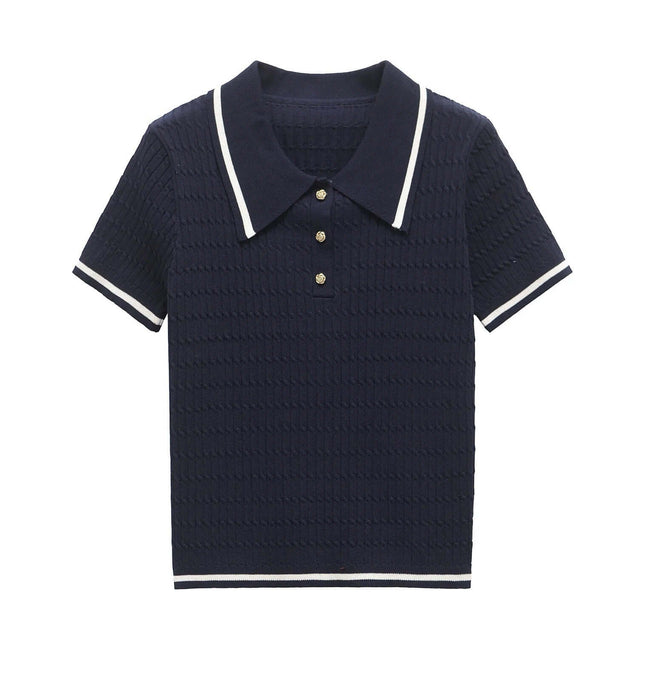 Eight-Strand Braided Knit Top – Loose Fit in navy blue with classic collar and textured knitted design.