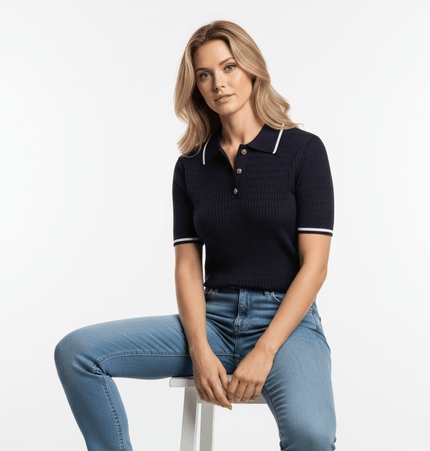 Eight-Strand Braided Knit Top – Loose Fit model wearing navy blue polo with short sleeves and relaxed fit