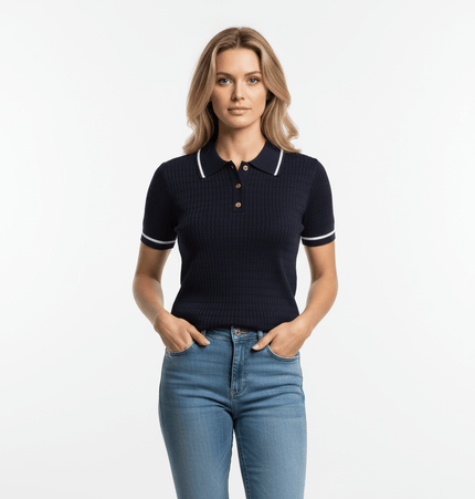 Eight-Strand Braided Knit Top – Loose Fit worn by a model, showcasing its modern design and relaxed fit in navy blue.
