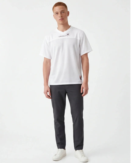 Front view of the Maison Grozavu Dune Tee Volume in weave — showing the tailored hem.