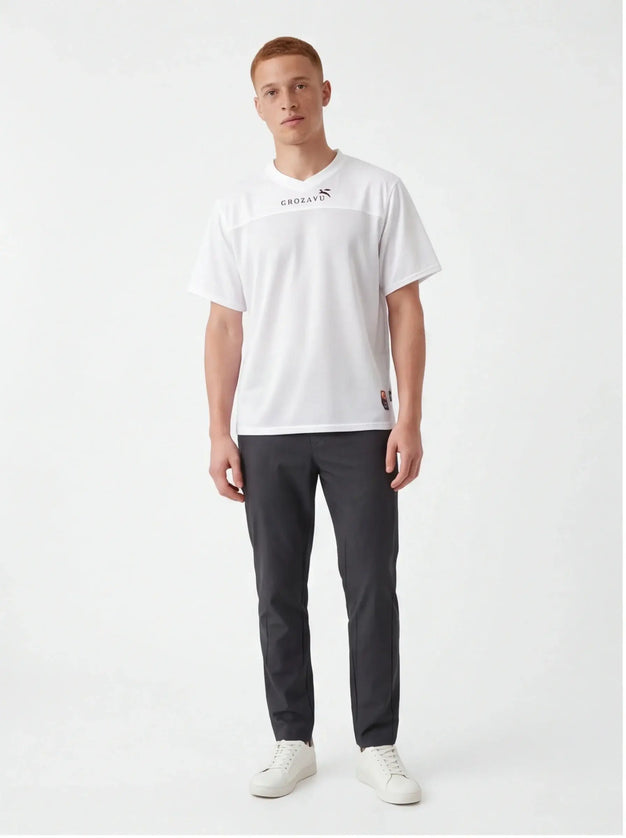 Front view of the Maison Grozavu Dune Tee Volume in weave — showing the tailored hem.