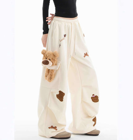 Embroidered Bear Cargo Sweatpants featuring playful bear embroidery and a loose fit design for comfortable streetwear style.