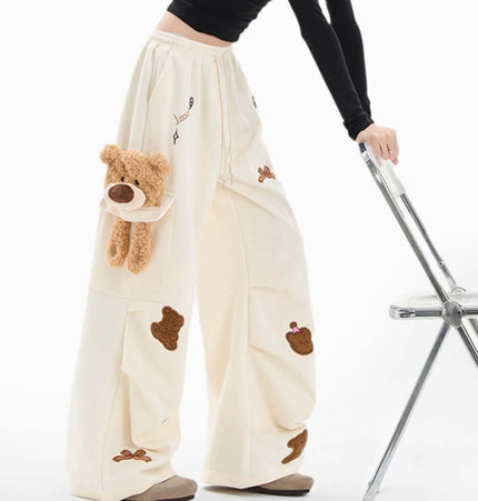 Embroidered Bear Cargo Sweatpants with bear embroidery and multiple pockets for stylish streetwear.