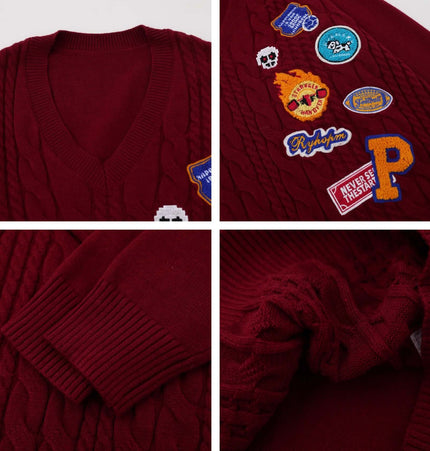 Embroidered Cable Knit VNeck Sweater featuring detailed embroidery and textured cable-knit design.