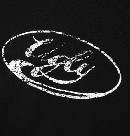 Embroidered Distressed Sweatshirt featuring a bold white logo on a black background.