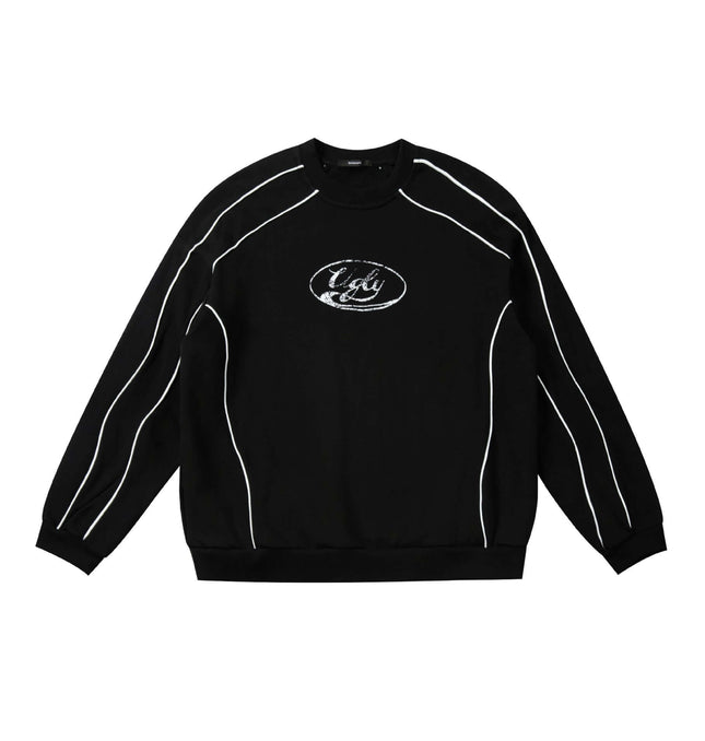 Embroidered Distressed Sweatshirt featuring a black design with white stitching details and a graphic logo.